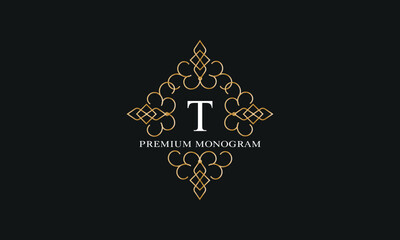 Premium Monogram. Golden logo with initial letter T in the center and text on dark background. Elegant design for business, company logo, restaurant, heraldry, hotel, boutique