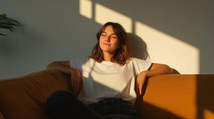 Obraz premium woman relaxing on couch in warm sunlight 