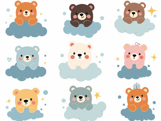 Fototapeta premium Seamless Kawaii Bear Illustration with Soft Clouds and Gentle Star Accents Background