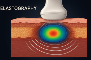 Ultrasound elastography imaging showing tissue stiffness diagnostic concept, medical scan visualization of soft tissue elasticity with color map analysis, radiology technology, disease detection, clin