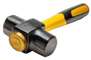 Close-up of a  heavy-duty,  three-sided  hammer.  Black metal head,  yellow plastic handle.  Brass accents on the head
