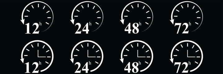 Compact UI and Repeating Clocks Pack. Red small-clock grid with arrow accents. 12, 24, 48 and 72 hours clock arrow. Delivery and service time. Hour timer icon set. 1, 2, 4, 8, 12, 24, 36 48, 72 hours 