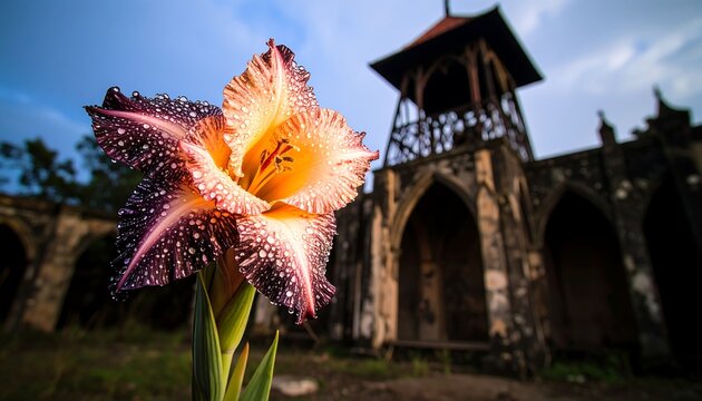 A vibrant gladiolus, covered in dew drops, stands out against a backdrop of a weathered, gothic-style building.