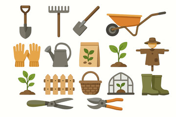 Gardening tools and accessories collection featuring shovel, rake, wheelbarrow, and plants