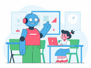 Cartoon robot teacher helping kid study in friendly and interactive learning