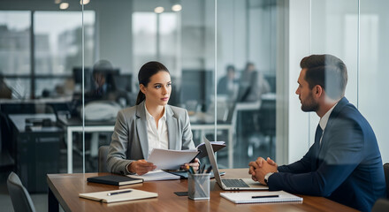 Fototapeta premium Business meeting between a woman and a man discussing documents in a modern office