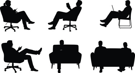 Seated people silhouettes, office, home, working, reading, relaxing, conversation, posture, activity