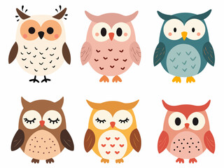 Vector cartoon illustration of owl character with different poses and emotions, set of owls