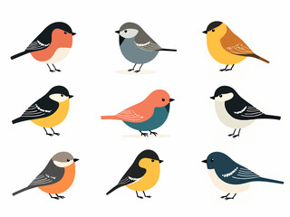 Wild forest birds. Winter wildlife animal, birds chickadee robin cardinal. Isolated wild or garden flat nature nestling illustration