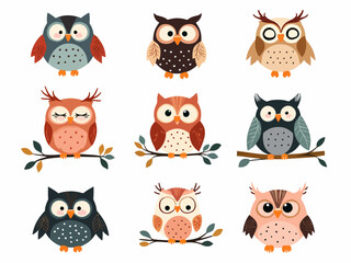 Vector cartoon illustration of owl character with different poses and emotions, set of owls