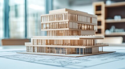 Showcasing a meticulously crafted wooden model of a modern office building in a contemporary workspace architectural design close-up view innovation