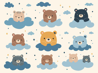 Set Illustration cute teddy bear sits on the cloud
