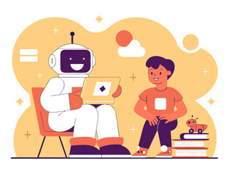 Colorful technology concept of AI tutoring child in fun cartoon educational vector scene
