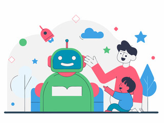 Obraz premium Colorful technology concept of AI tutoring child
