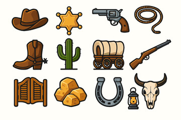 Western icons: hat, badge, pistol, lasso, boot, cactus, wagon, rifle, saloon doors, gold, horseshoe, skull, lantern