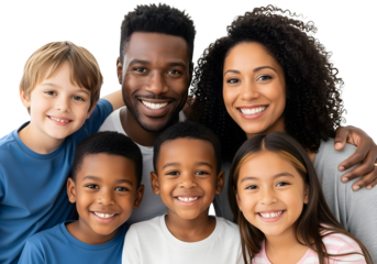 Smiling faces of a diverse family, including parents and children, showcase happiness, unity, and the beauty of togetherness in a vibrant, loving bond.
