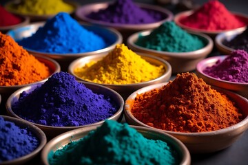  a vibrant assortment of colorful powders piled high in bowls, showcasing a spectrum of hues