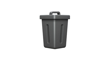Dark grey plastic trash can with a closed lid top handle and vertical grooves 3D icon style.