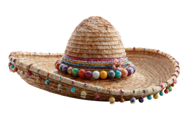 Wide-brimmed straw sombrero adorned with colorful beaded trim