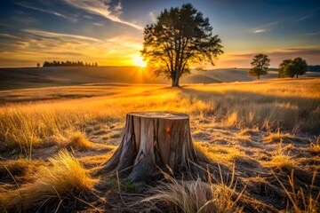 A solitary tree stump stands in a golden field at sunrise, with the suns rays illuminating the sky and casting a warm glow over the landscape