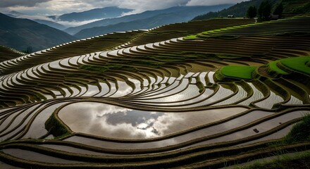 Stunning aerial view of terraced rice fields reflecting the cloudy sky in a picturesque landscape, showcasing nature's beauty.