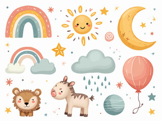 Boho baby nursery elements. Hand drawn celestial collection with cute rainbow, moon, sun, cloud, rain, animals and balloon. Set for newborn with stars, planets. Decoration for bedroom or baby shower P