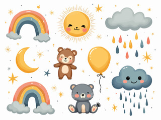 Boho baby nursery elements. Hand drawn celestial collection with cute rainbow, moon, sun, cloud, rain, animals and balloon. Set for newborn with stars, planets. Decoration for bedroom or baby shower P