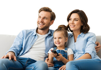 A joyous and harmonious family unit shares a happy moment together, enjoying quality time in the comfort of their home, creating lasting memories while watching media.