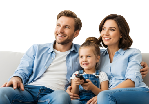 A joyous and harmonious family unit shares a happy moment together, enjoying quality time in the comfort of their home, creating lasting memories while watching media.
