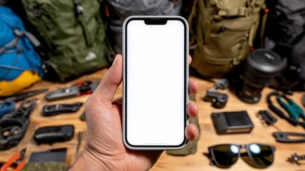 Hand Holding Smartphone Displaying Blank Screen with Outdoor Camera Equipment and Backpacks in Background