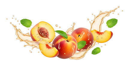 Fresh peaches with juice splash isolated on transparent background for healthy eating