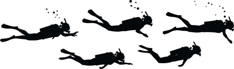 Silhouette scuba divers underwater swimming in ocean, flat vector illustration, cad drawing style, isolated on white background, marine exploration