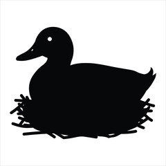 Silhouette of a black duck sitting calmly in a bird's nest with detailed straw texture and white eye detail