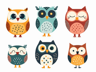 Funny cartoon owls vector set. Wild bird predator, little owlet illustration