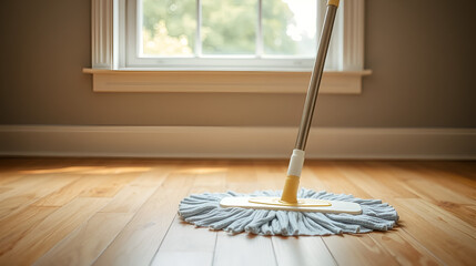 a mop on a wooden floor with a window in the background