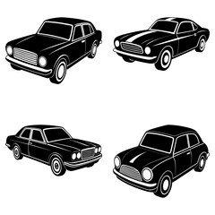 Fototapeta premium Four classic cars in black and white showcasing different vintage automobile designs and styles in a grid layout