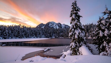 A serene winter landscape showcases a frozen lake nestled amongst snow-covered evergreen trees, with a dramatic sunrise painting the sky in warm hues.