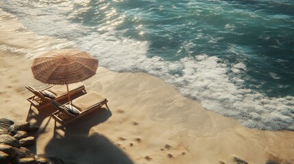 Relaxing beach scene featuring sun loungers and umbrella tropical coast photography serene environment aerial view tranquil vibes