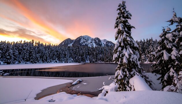 A serene winter landscape showcases a frozen lake nestled amongst snow-covered evergreen trees, with a dramatic sunrise painting the sky in warm hues. - Powered by Adobe