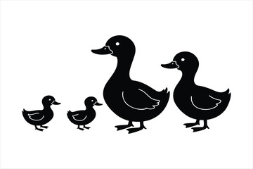 Charming silhouettes of ducks and ducklings walking together in a line