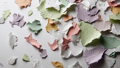 Colorful fragments of textured material scattered on a light background.
