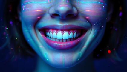Close up of a woman s face illuminated by vibrant neon blue and pink lights with a wide smile and sparkling digital effects overlaying her eyes and skin evoking a futuristic and energetic mood