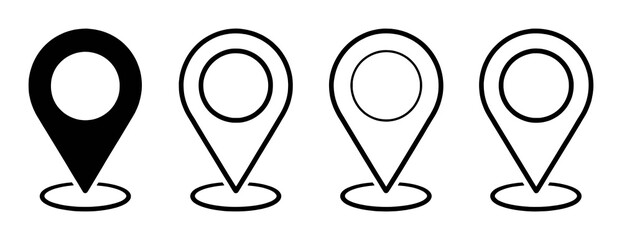 Collection of four black and white location pin icons, one solid and three outlined
