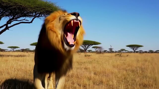 Roaring Lion in African Savanna