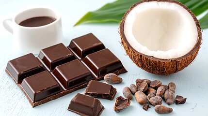 Fresh chocolate bars and coconut shell with cocoa beans in an elegant setting for dessert and gourmet concepts