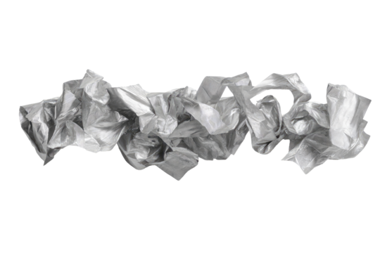 Crumpled, light gray plastic sheets in a chaotic, flowing arrangement