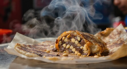 Sweet pastry roll with chocolate and nuts steams on parchment paper