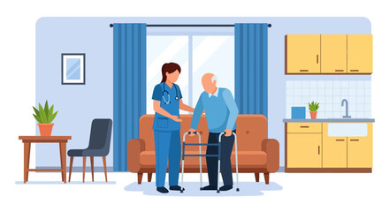 Flat illustration of a nurse assisting an elderly patient with a walker at home, symbolizing senior healthcare, rehabilitation, mobility support, and compassionate caregiving