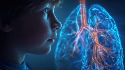 Medical visualization depicts a child observing a holographic projection of glowing lungs, showcasing the intricate network of bronchial tubes and highlighting respiratory health