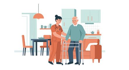 Flat illustration of a nurse assisting an elderly patient with a walker at home, symbolizing senior healthcare, rehabilitation, mobility support, and compassionate caregiving